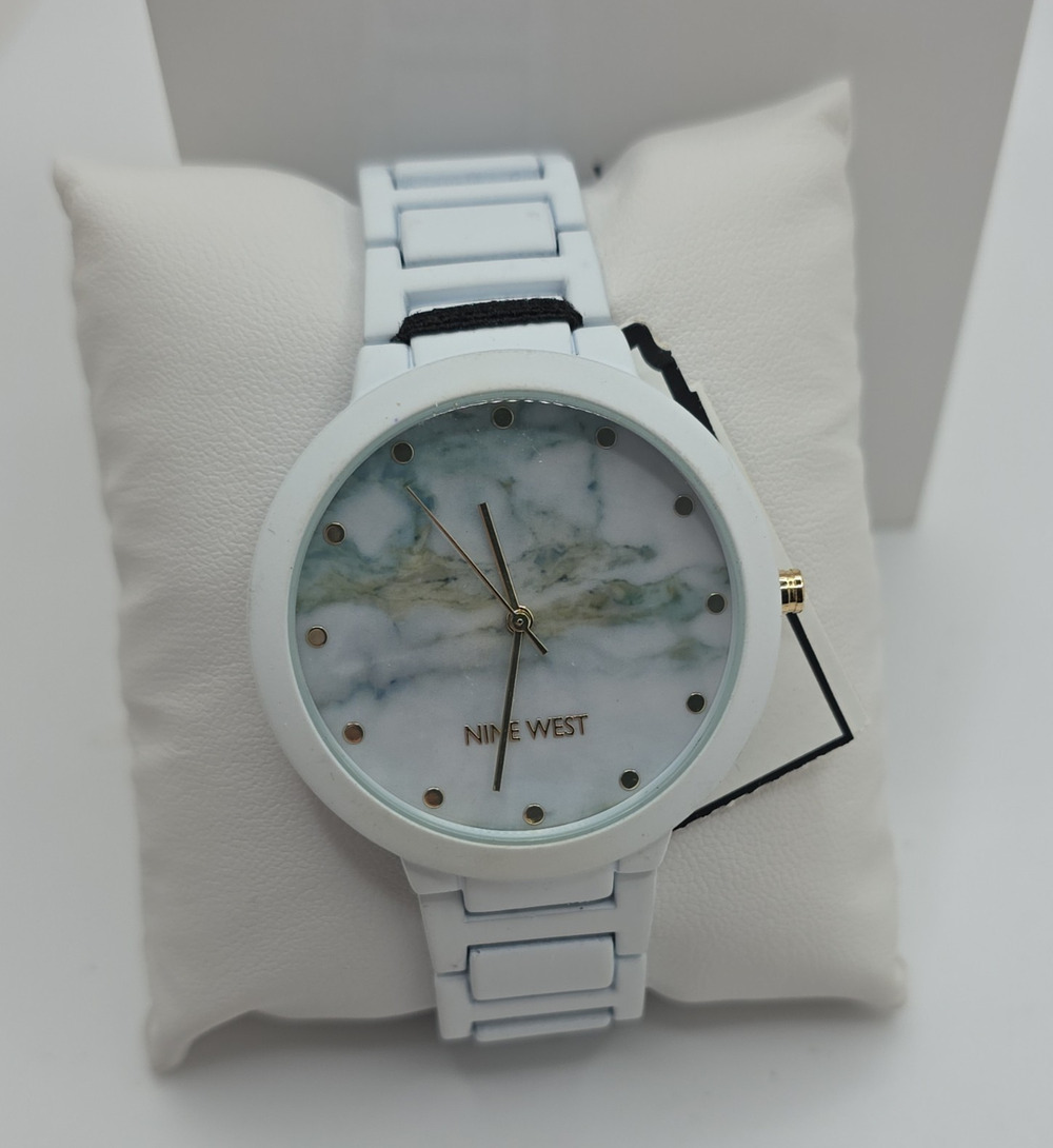 Nine West Women’s Quartz Watch White Ceramic Bracelet Marble Dial w/ Box
